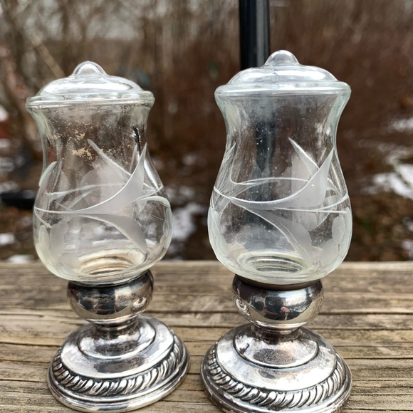 Quaker Silver Etched Glass Salt & Pepper Shakers - Picture 1 of 9